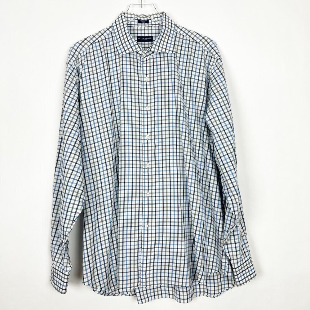 Peter Millar Collection Shirt Men's Size XXL White Grey Blue Check 100% Cotton